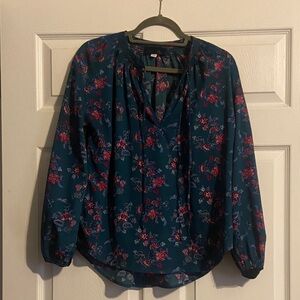 Blue Rain Floral Blouse - Navy and Red